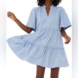 Tuckernuck Chambray Crawford Linen V Neck Flutter Sleeve Tiered Dress Small EUC